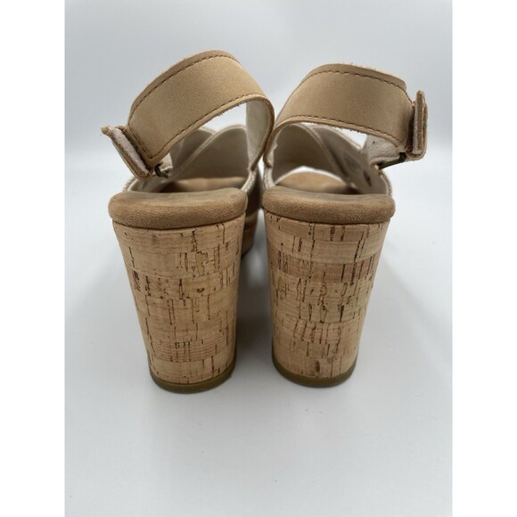 Toms Ibiza Sandals Khaki Canvas Women's 7 Platform Cork Heel Iridescent Thread - Picture 2 of 13